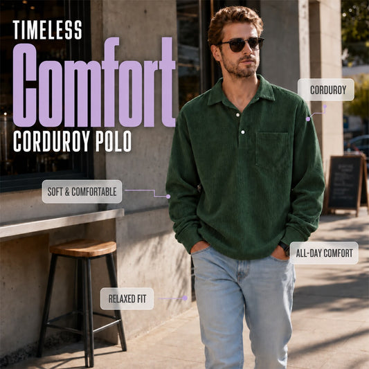 Men’s Corduroy Long-Sleeve Polo Shirt – Relaxed Fit with Chest Pocket