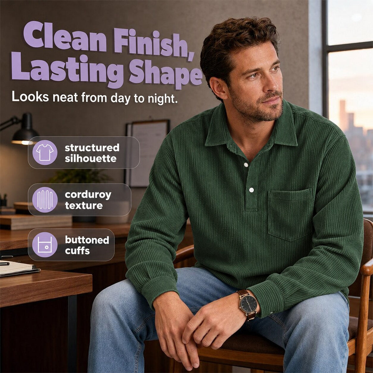 Men’s Corduroy Long-Sleeve Polo Shirt – Relaxed Fit with Chest Pocket