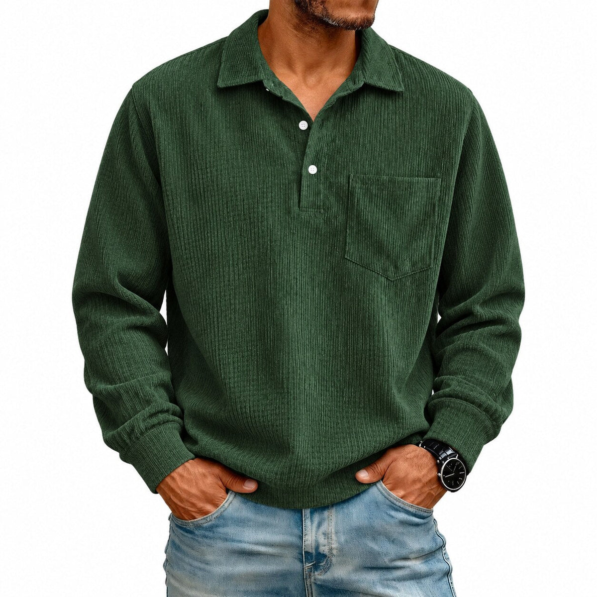 Men’s Corduroy Long-Sleeve Polo Shirt – Relaxed Fit with Chest Pocket