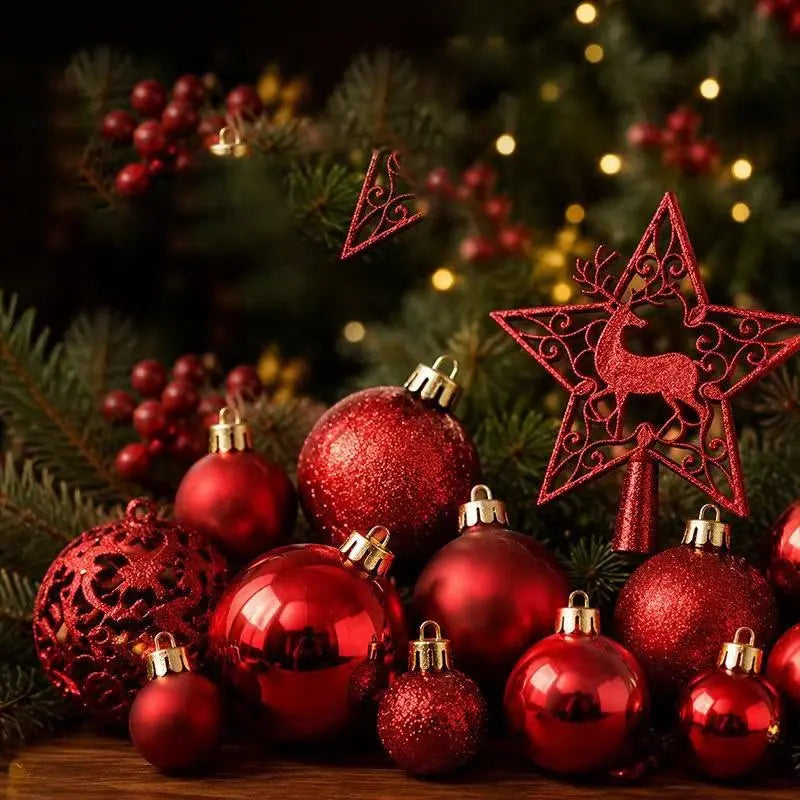 Christmas Decoration Balls Set, Ornaments, 105 Pieces, 3cm/4cm/6cm/7cm Sizes, Glossy, Matte, Glitter, Cutout Balls, 18cm Deer Star Tree Topper