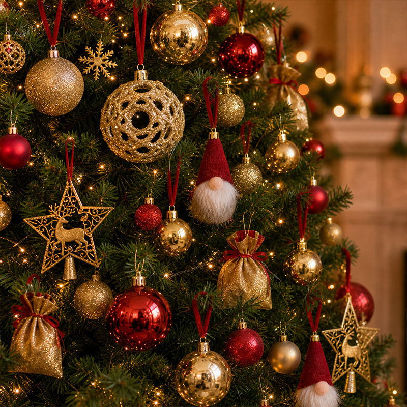 Christmas Decoration Balls Set, Ornaments, 105 Pieces, 3cm/4cm/6cm/7cm Sizes, Glossy, Matte, Glitter, Cutout Balls, 18cm Deer Star Tree Topper