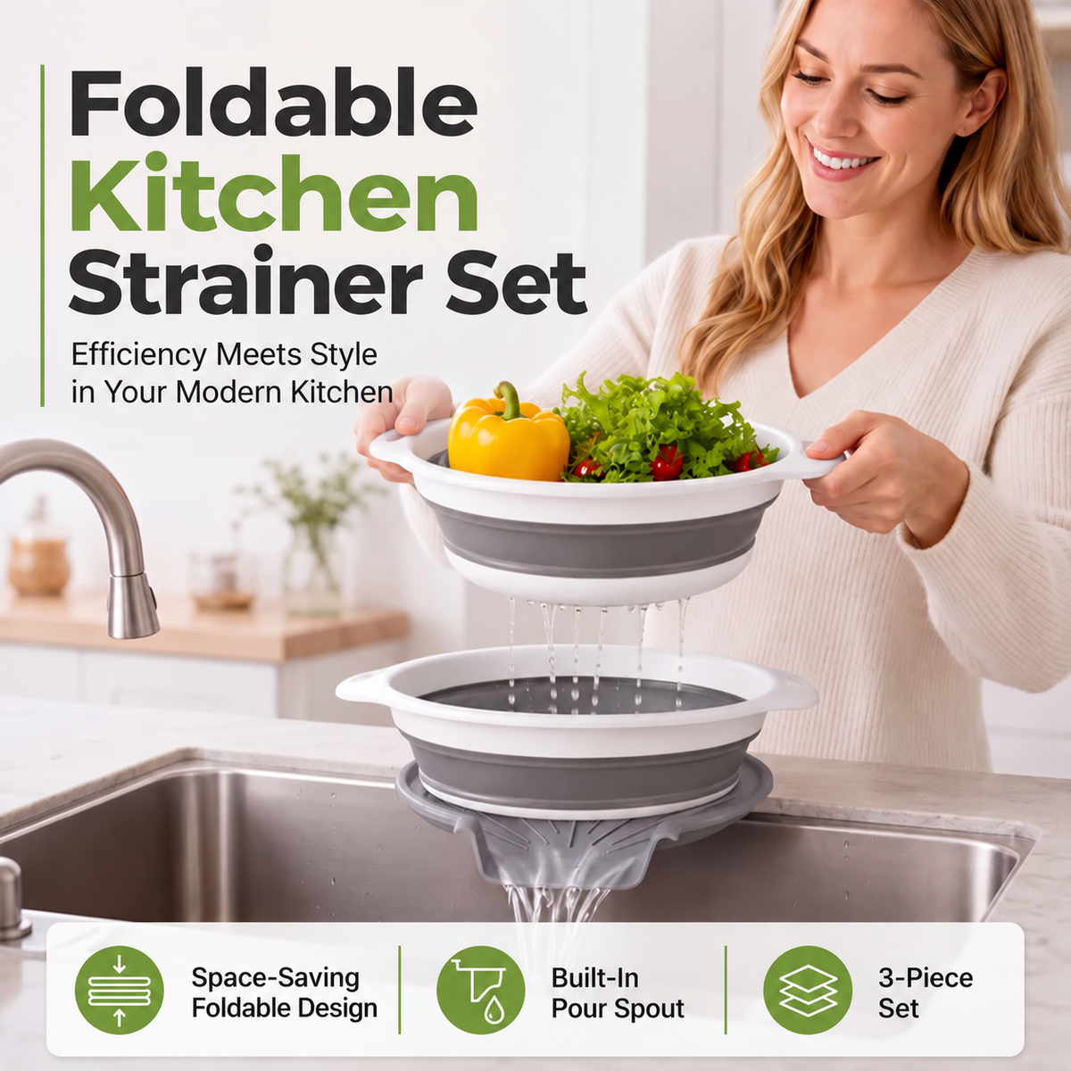 3-Piece Foldable Strainer Set with Draining Tray | Space-Saving, Multifunctional & Dishwasher-Safe | Kitchen Draining Rack