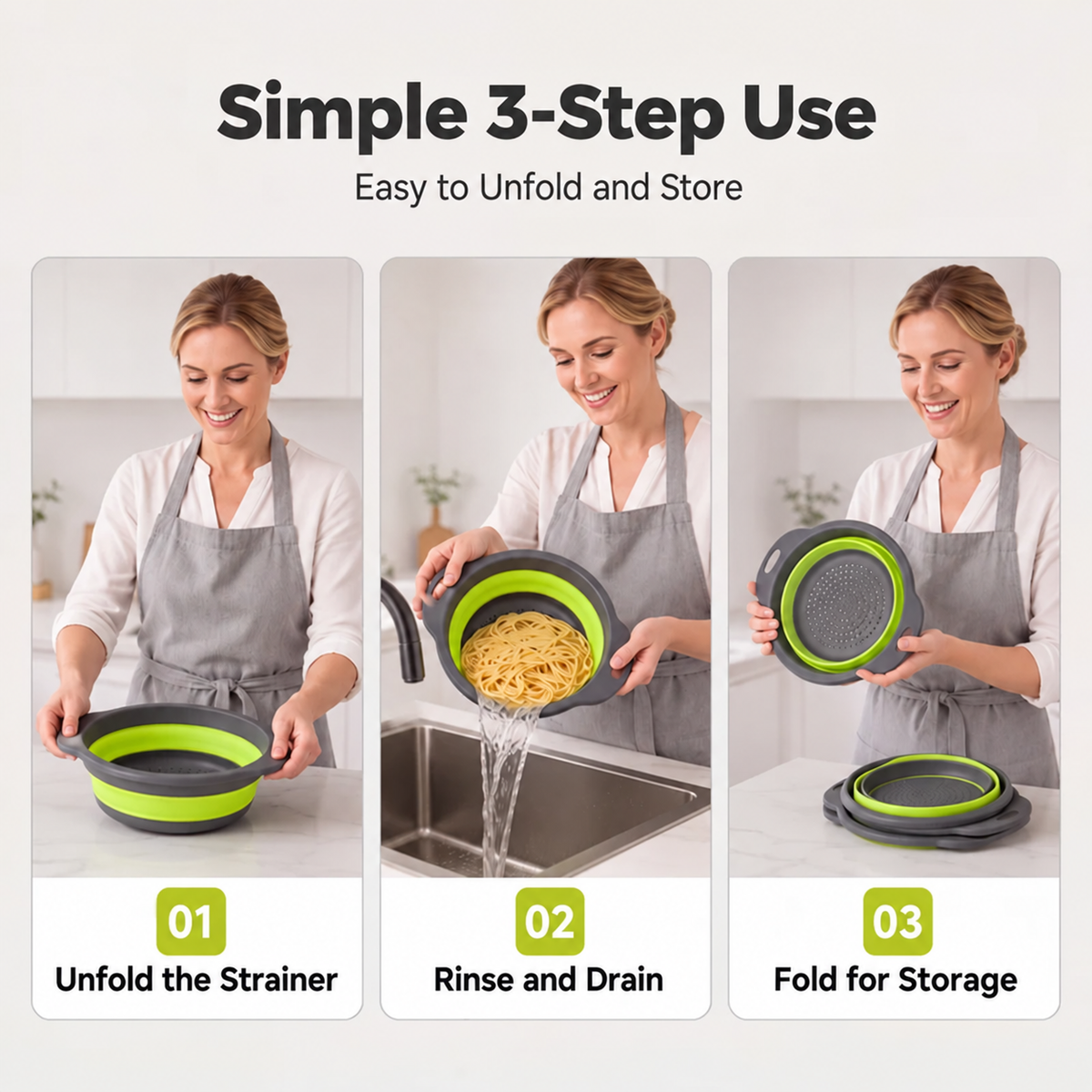 3-Piece Foldable Strainer Set with Draining Tray | Space-Saving, Multifunctional & Dishwasher-Safe | Kitchen Draining Rack
