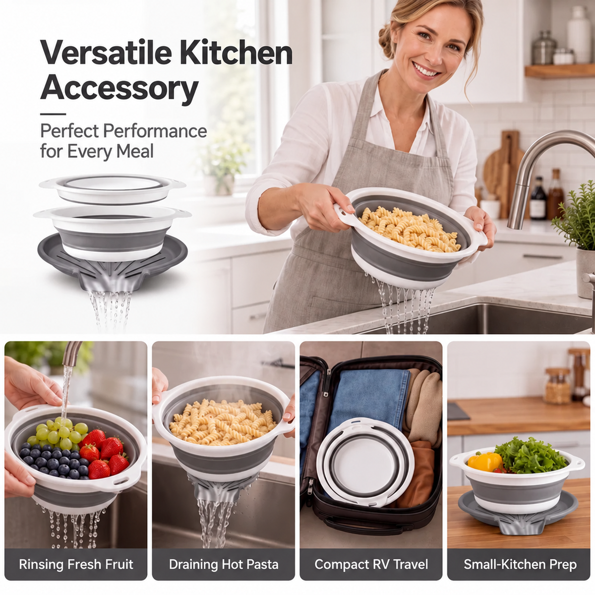 3-Piece Foldable Strainer Set with Draining Tray | Space-Saving, Multifunctional & Dishwasher-Safe | Kitchen Draining Rack