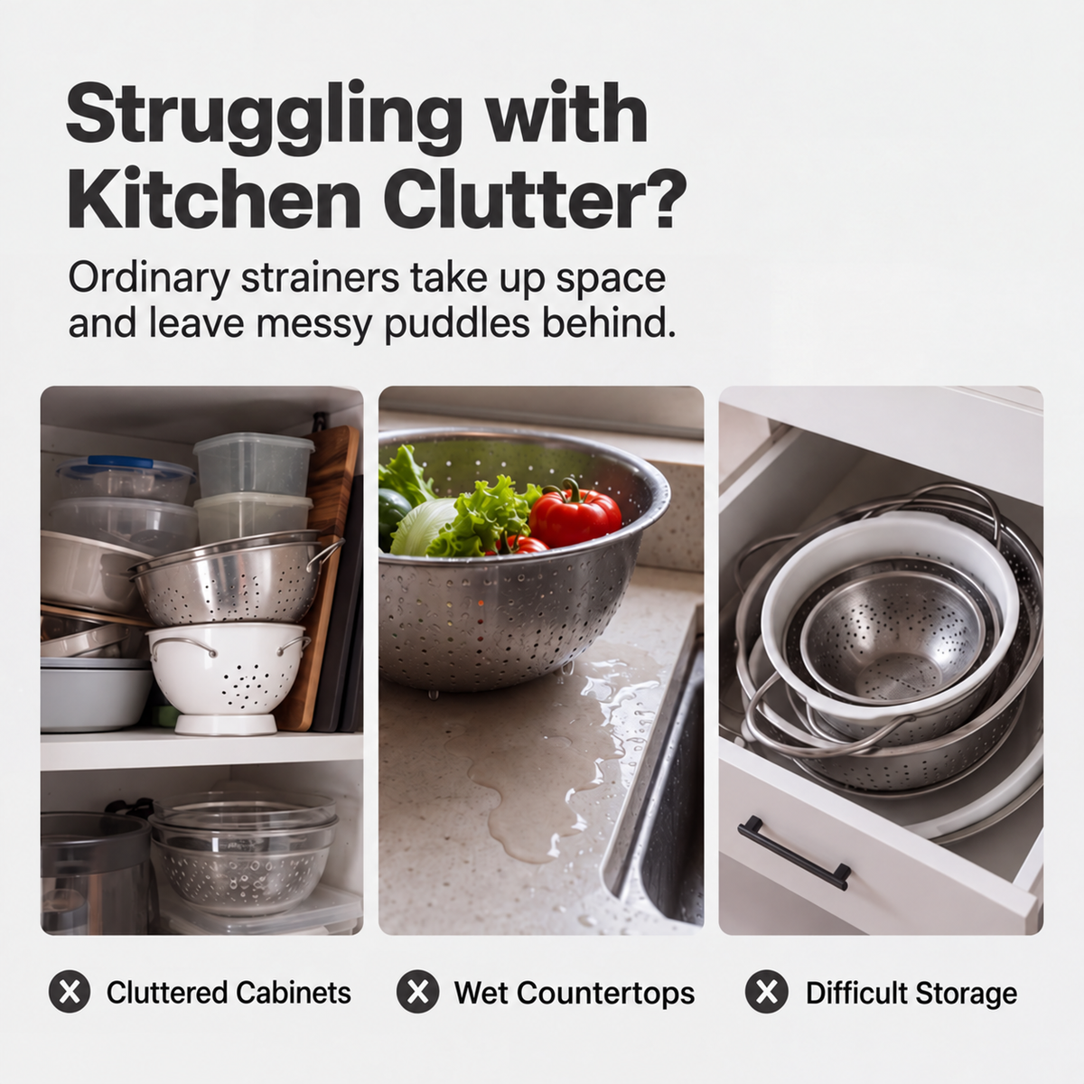 3-Piece Foldable Strainer Set with Draining Tray | Space-Saving, Multifunctional & Dishwasher-Safe | Kitchen Draining Rack