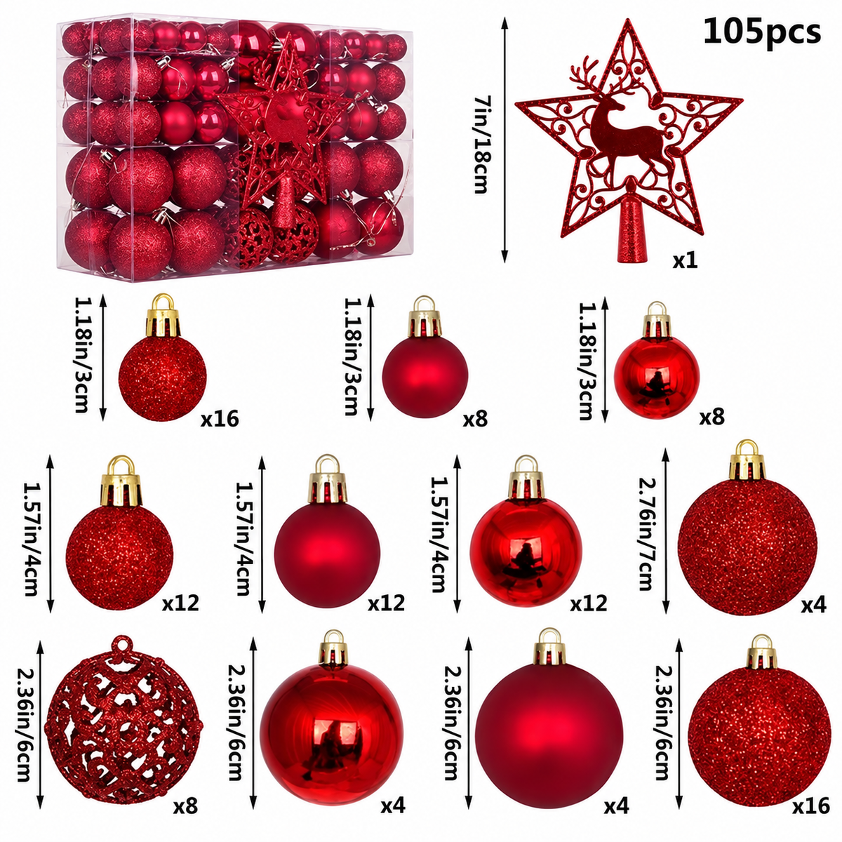 Christmas Decoration Balls Set, Ornaments, 105 Pieces, 3cm/4cm/6cm/7cm Sizes, Glossy, Matte, Glitter, Cutout Balls, 18cm Deer Star Tree Topper