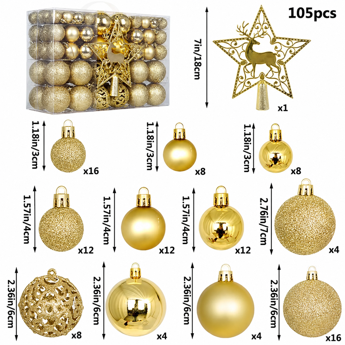 Christmas Decoration Balls Set, Ornaments, 105 Pieces, 3cm/4cm/6cm/7cm Sizes, Glossy, Matte, Glitter, Cutout Balls, 18cm Deer Star Tree Topper