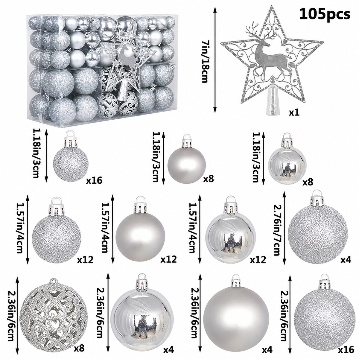 Christmas Decoration Balls Set, Ornaments, 105 Pieces, 3cm/4cm/6cm/7cm Sizes, Glossy, Matte, Glitter, Cutout Balls, 18cm Deer Star Tree Topper