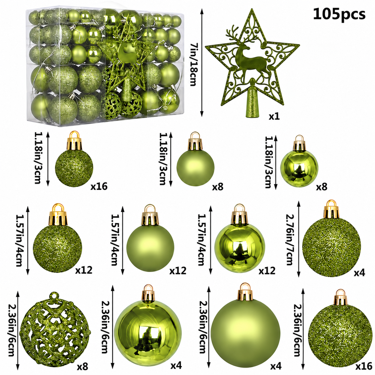 Christmas Decoration Balls Set, Ornaments, 105 Pieces, 3cm/4cm/6cm/7cm Sizes, Glossy, Matte, Glitter, Cutout Balls, 18cm Deer Star Tree Topper