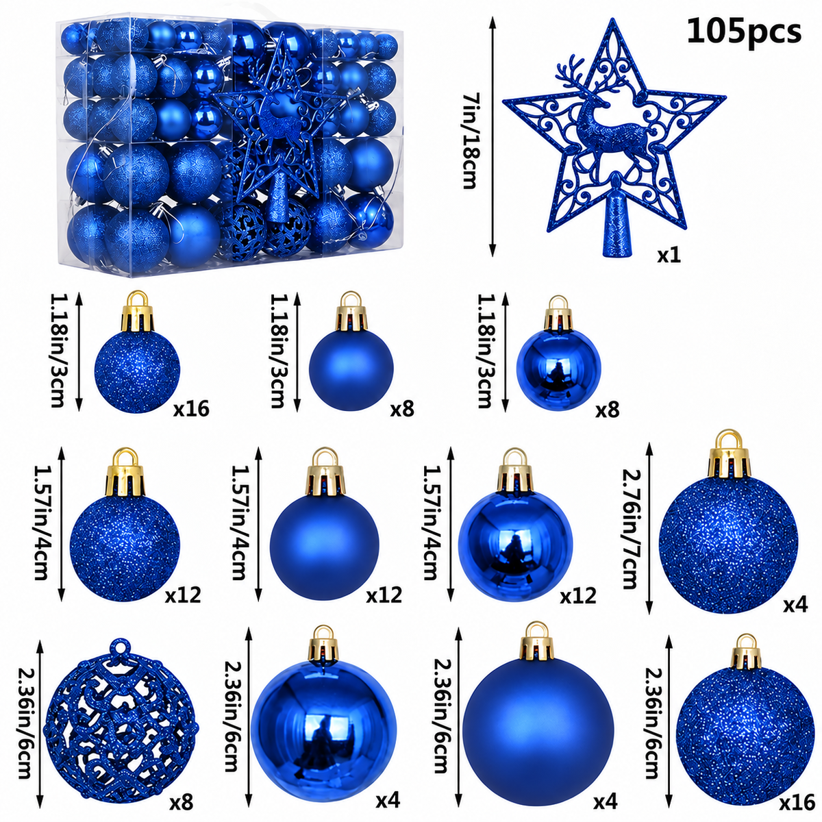 Christmas Decoration Balls Set, Ornaments, 105 Pieces, 3cm/4cm/6cm/7cm Sizes, Glossy, Matte, Glitter, Cutout Balls, 18cm Deer Star Tree Topper