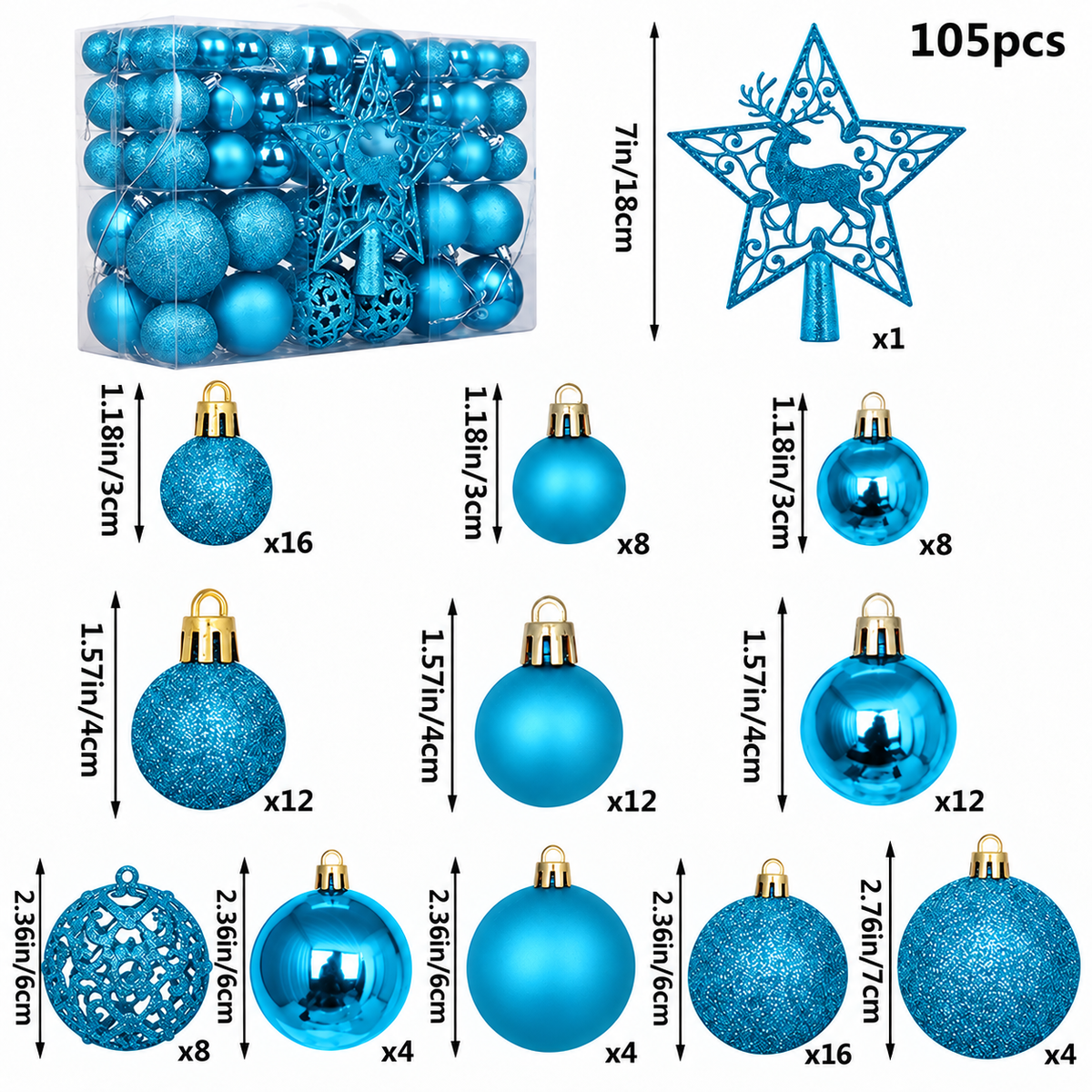 Christmas Decoration Balls Set, Ornaments, 105 Pieces, 3cm/4cm/6cm/7cm Sizes, Glossy, Matte, Glitter, Cutout Balls, 18cm Deer Star Tree Topper