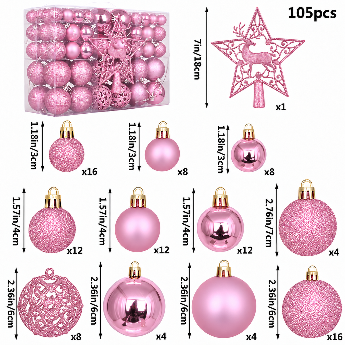 Christmas Decoration Balls Set, Ornaments, 105 Pieces, 3cm/4cm/6cm/7cm Sizes, Glossy, Matte, Glitter, Cutout Balls, 18cm Deer Star Tree Topper