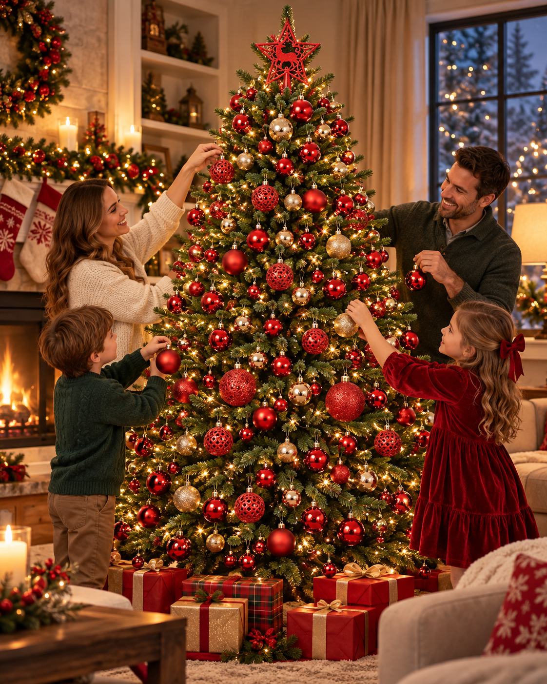 Christmas Decoration Balls Set, Ornaments, 105 Pieces, 3cm/4cm/6cm/7cm Sizes, Glossy, Matte, Glitter, Cutout Balls, 18cm Deer Star Tree Topper