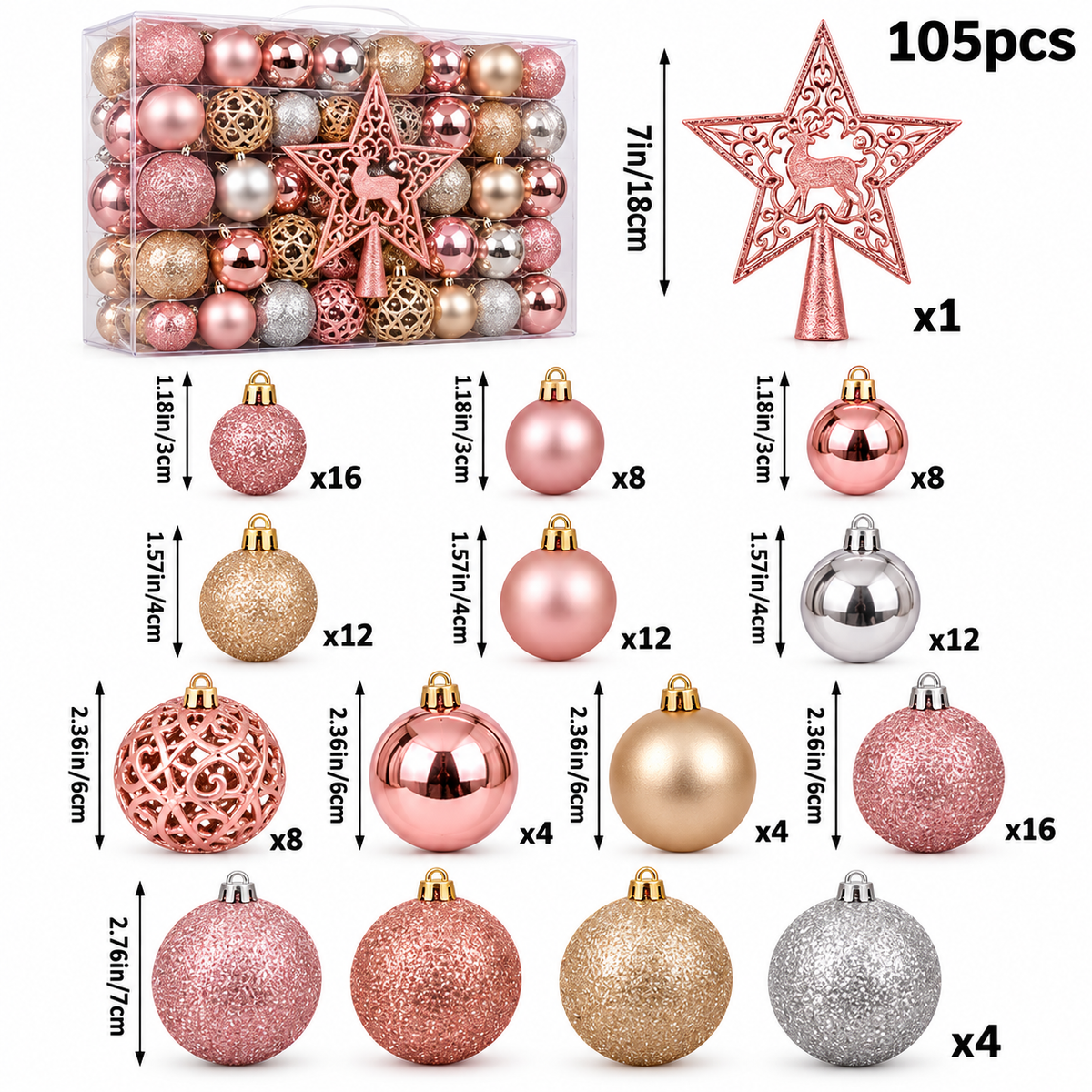 Christmas Decoration Balls Set, Ornaments, 105 Pieces, 3cm/4cm/6cm/7cm Sizes, Glossy, Matte, Glitter, Cutout Balls, 18cm Deer Star Tree Topper