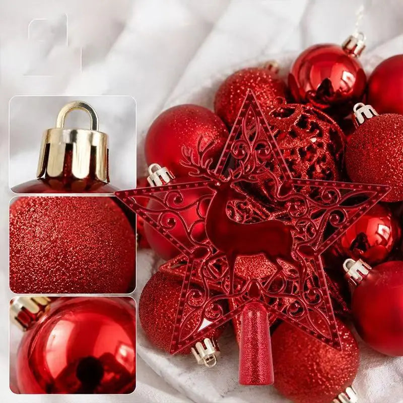 Christmas Decoration Balls Set, Ornaments, 105 Pieces, 3cm/4cm/6cm/7cm Sizes, Glossy, Matte, Glitter, Cutout Balls, 18cm Deer Star Tree Topper