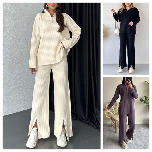 Women’s Cozy Knit Two-Piece Set with Side Slits for Fall & Winter